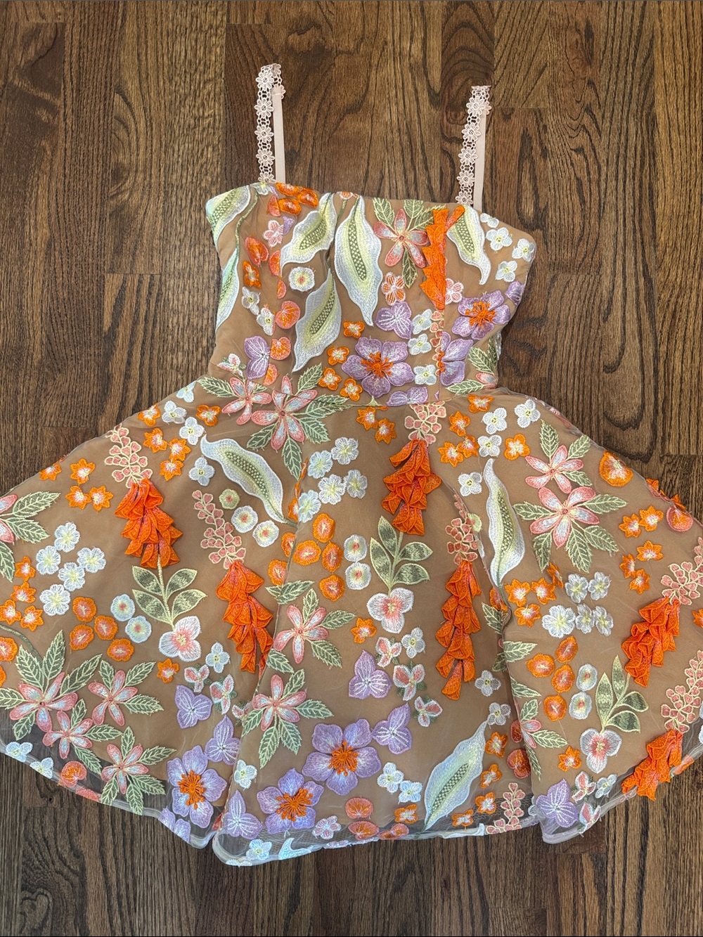 Floral Embroidered Mesh Sundress — Orange, Lavender & Green.  Elliatt XS.